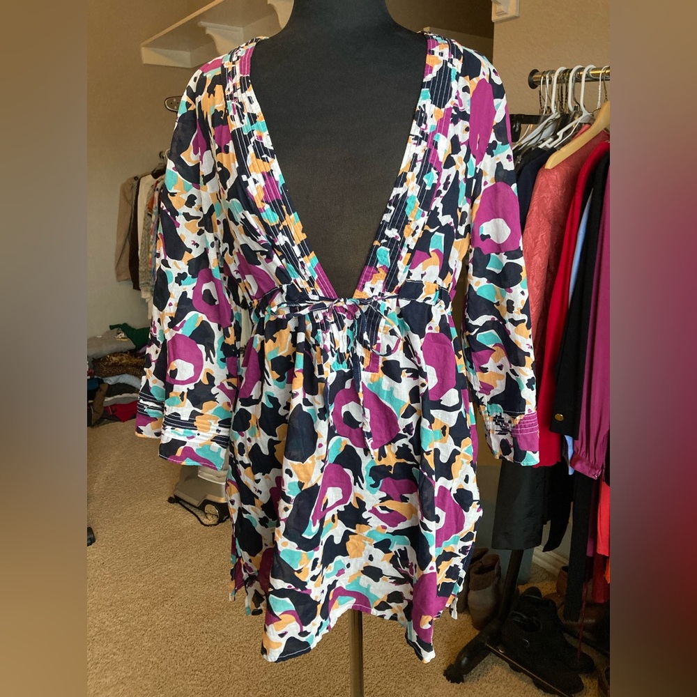 Banana Republic Vibrant Multicolor Deep V-Neck Dress, tunic or cover up, size L
